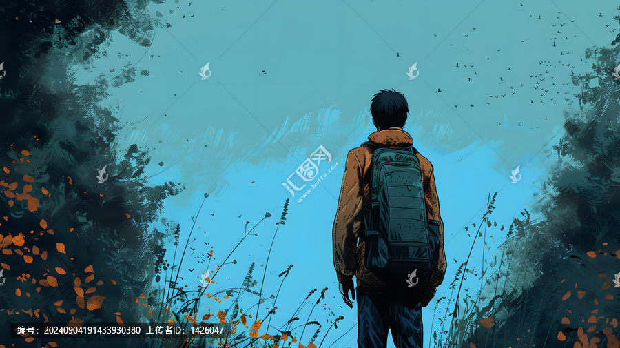 背著背包仰望天空的男子