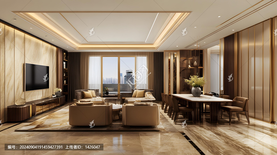 現(xiàn)代奢華客廳，金色的點(diǎn)綴，城市景致