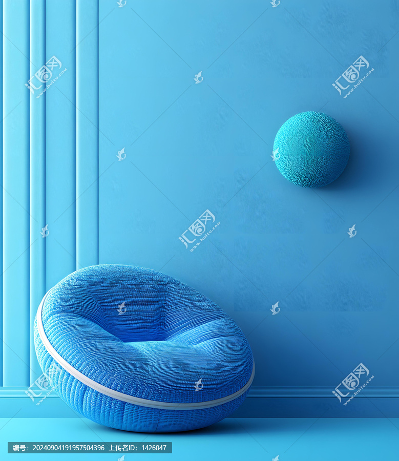 藍色圓形椅子和球體在藍色墻壁上的3D插圖