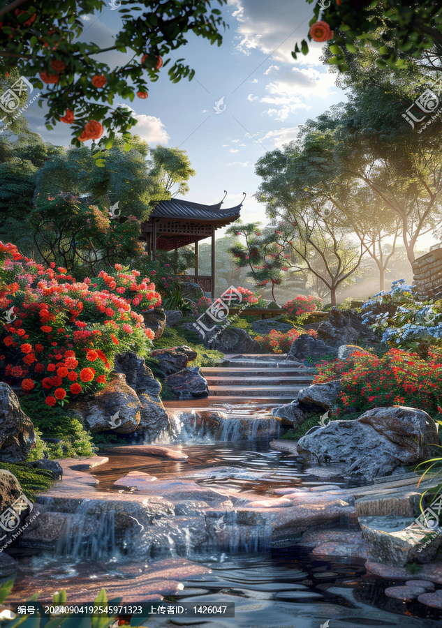 "亭臺樓閣,小橋流水,奇石假山,紅花綠樹"