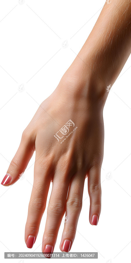 伸出的涂著粉色指甲油的女人手