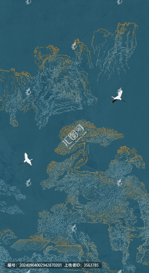 玄關(guān)國(guó)畫線描山水描金山水畫