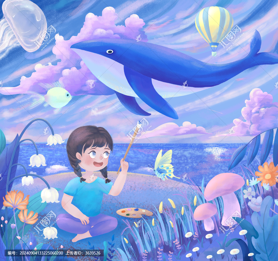 夢(mèng)幻治愈插畫(huà)小女孩拿畫(huà)筆描繪