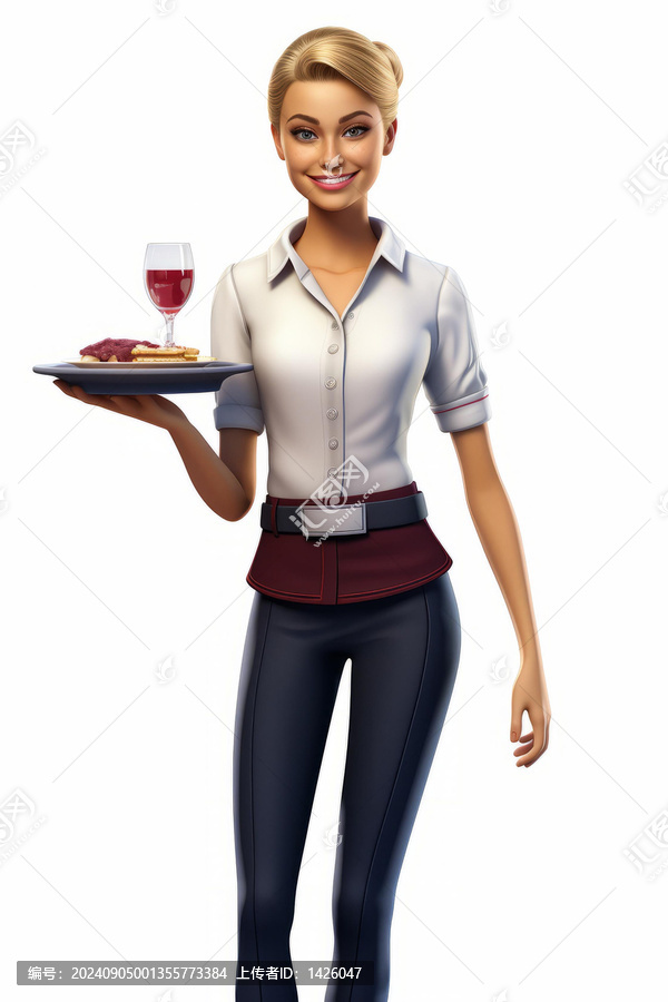 金發(fā)女服務(wù)員托盤上端著食物和酒