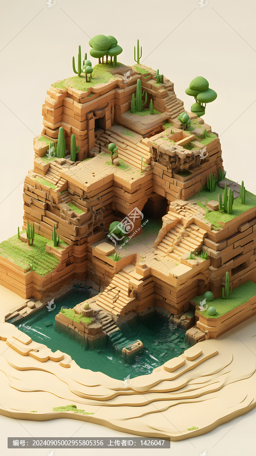 低多邊形3D模型,古代遺跡,河流,仙人掌