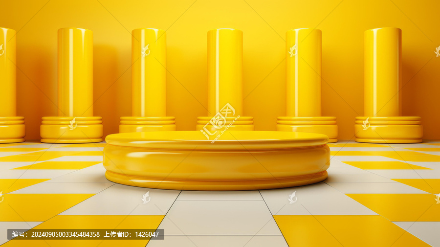 黃色棋盤格地板上的黃色圓柱和圓臺