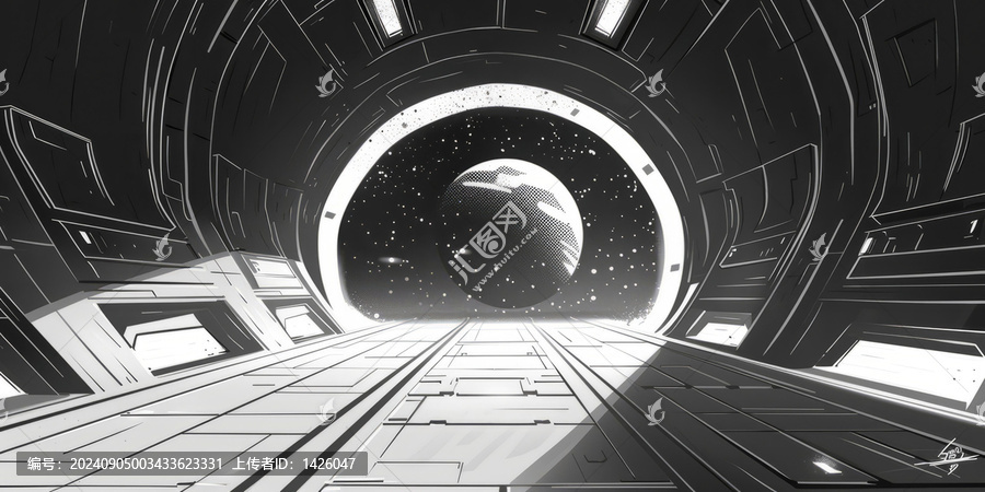 飛船內部與遠方行星：黑白