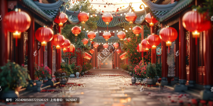 紅燈籠和花盆的中國(guó)庭院