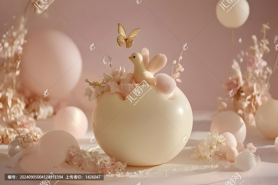 粉白色彩的復(fù)活節(jié)彩蛋裝飾，鳥兒和蝴蝶
