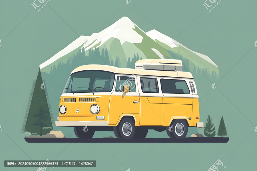 山脈前的黃色面包車