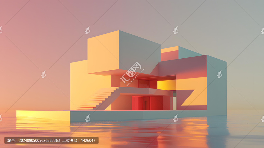 抽象極簡主義建筑概念，水上倒影，夕陽天空