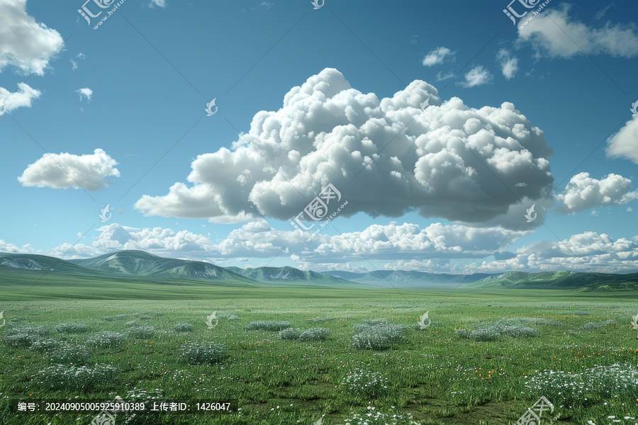 綠草如茵的廣闊草地，天空云朵飄渺