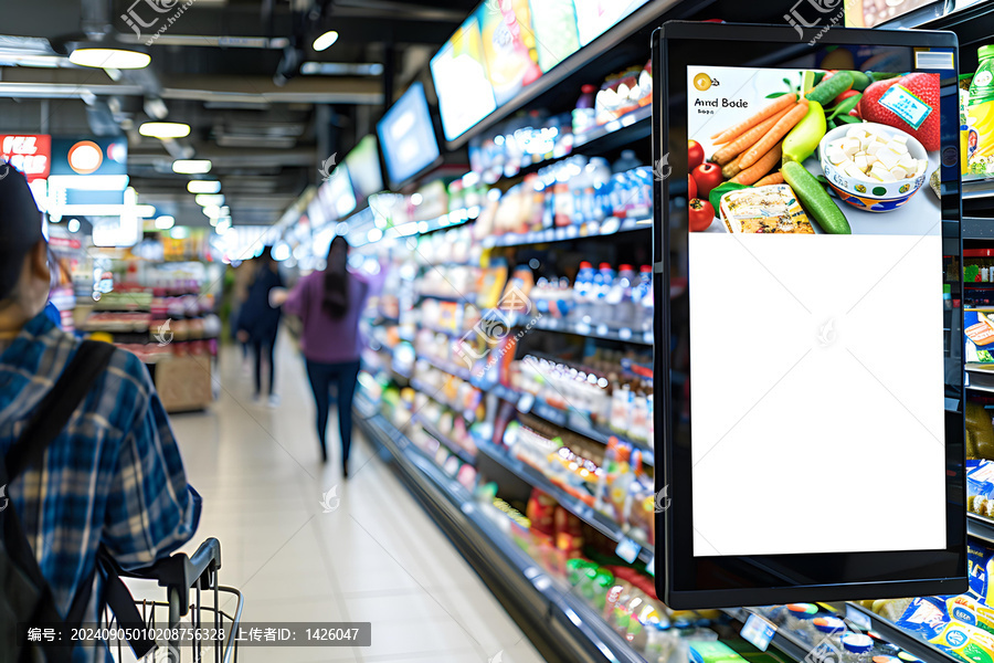 超市通道中顯示新鮮食品的數(shù)字標(biāo)牌