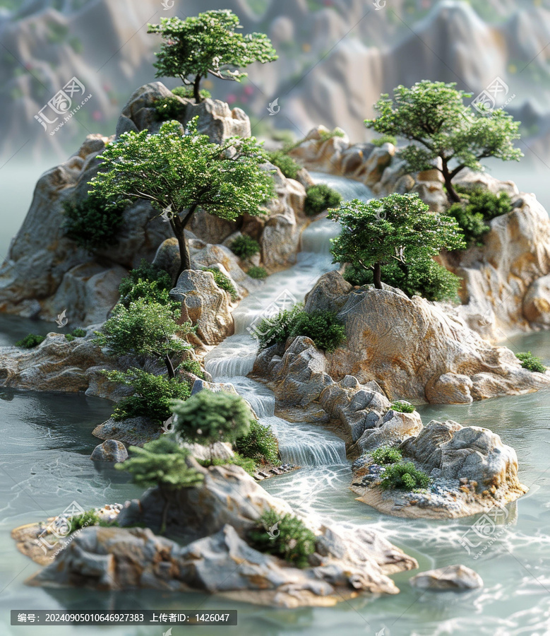 微縮景觀樹木和巖石與溪流