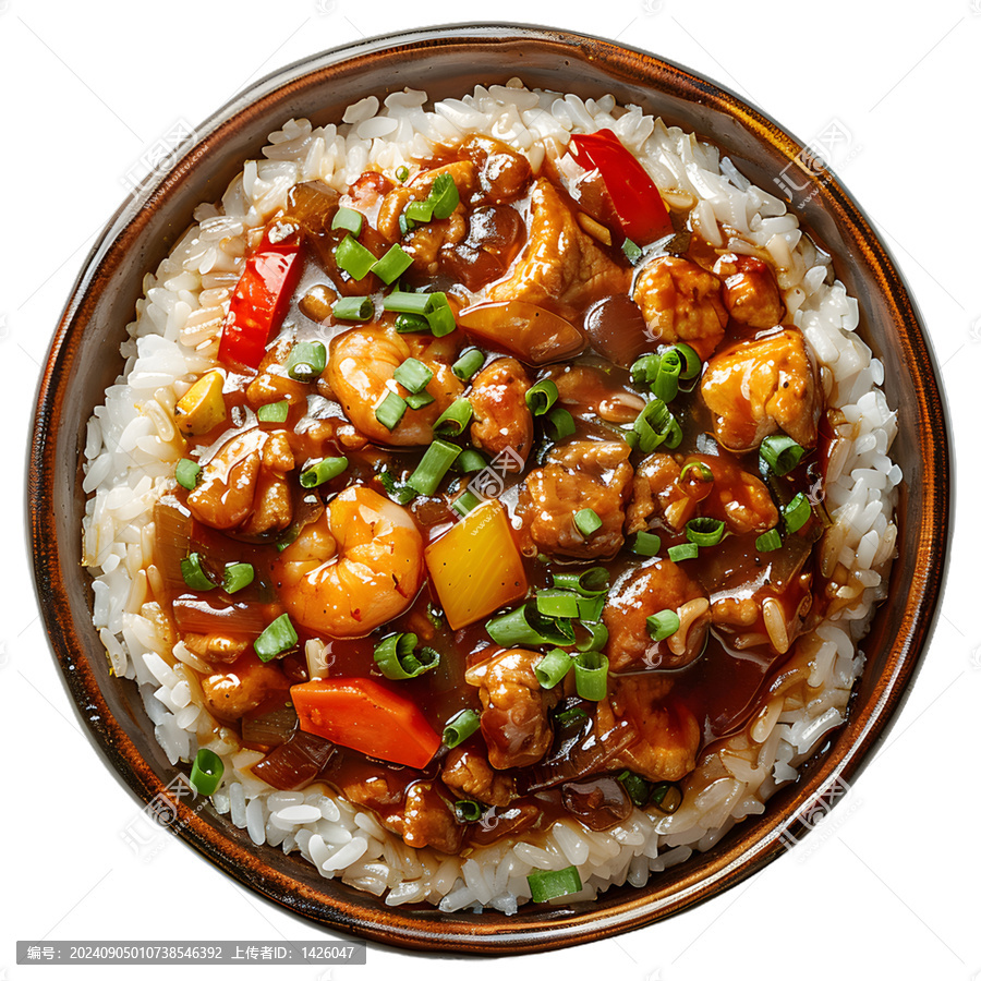 [免摳素材]一碗米飯，上面放著蝦、雞肉和蔬菜