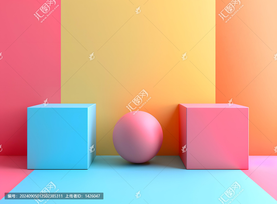 幾何形狀的3D渲染，中間有一個粉色的球體