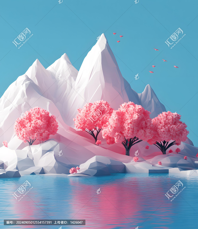 低多邊形山脈景觀粉色樹木藍(lán)色天空