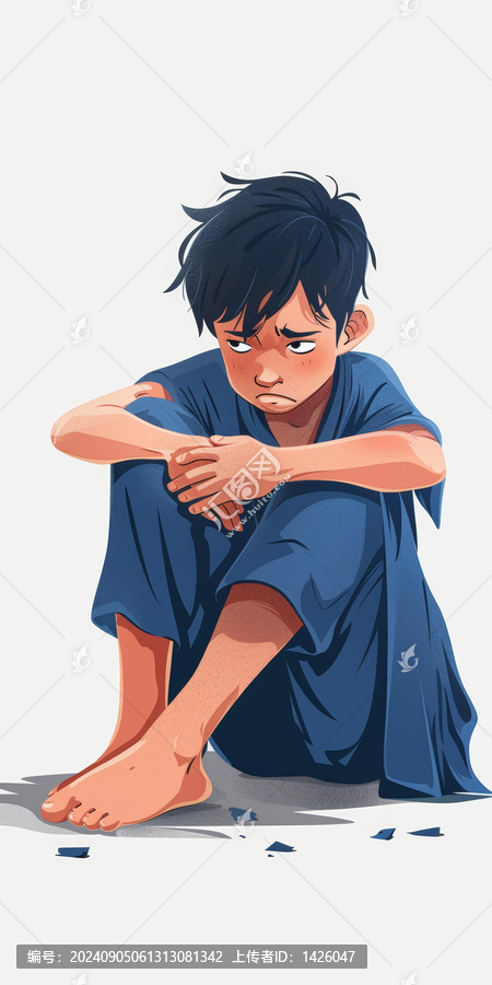 一個赤腳坐在瓦礫上的男孩