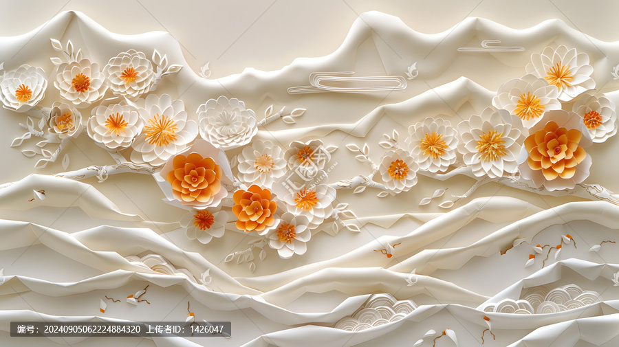 3D白色和橙色紙花藝術(shù)