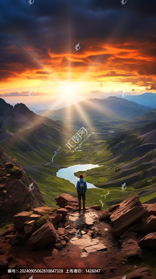 一個人站在山頂俯瞰著山谷河流和湖泊
