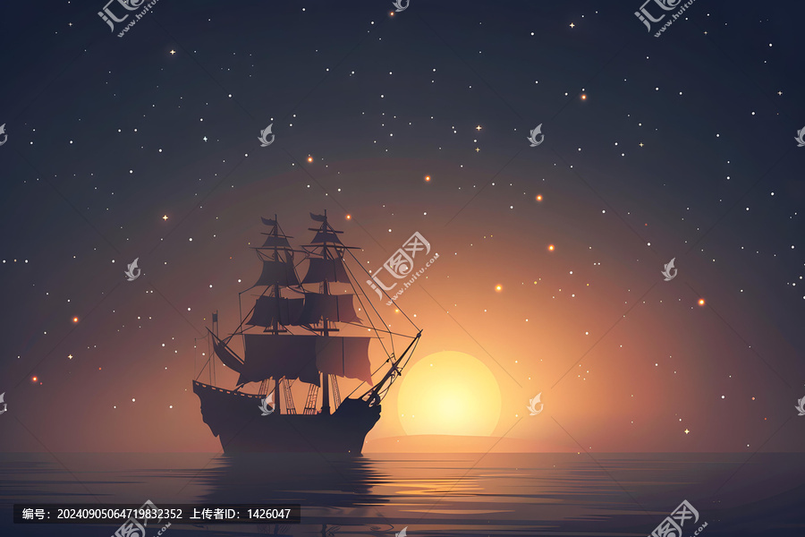 夕陽(yáng)下航行在海上的船的剪影