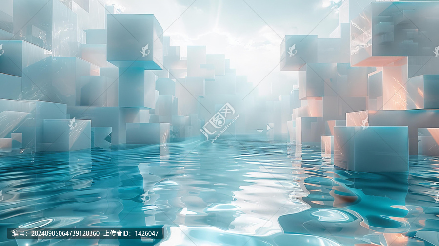 藍白幾何體漂浮水面，遠處有光亮