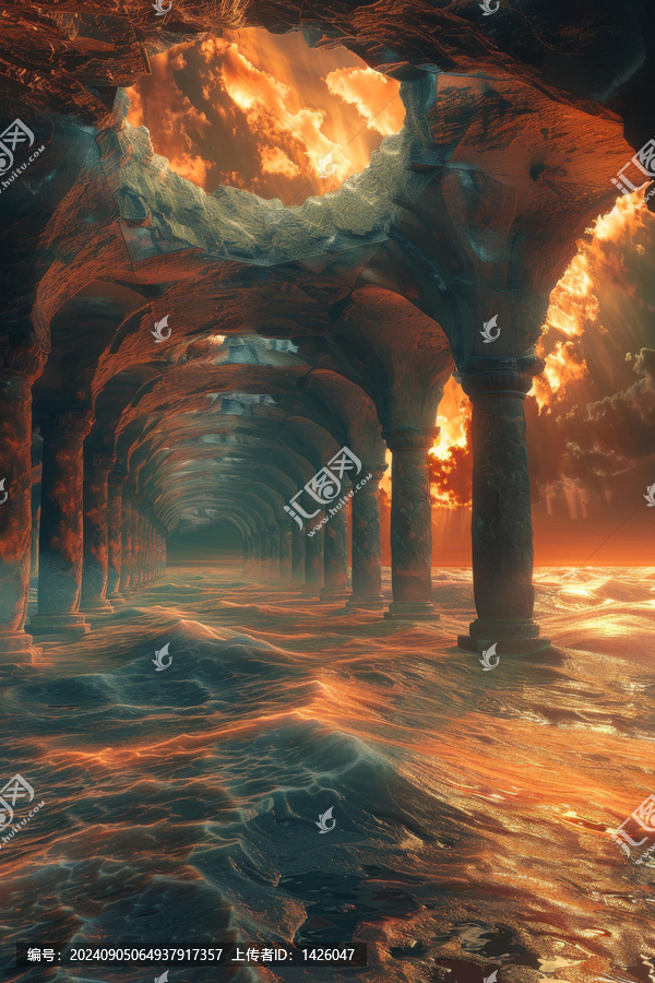 魔幻景觀長長的走廊里面有水和明亮的天空