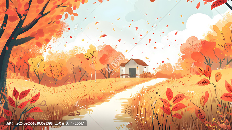 秋葉飄落的小屋風(fēng)景