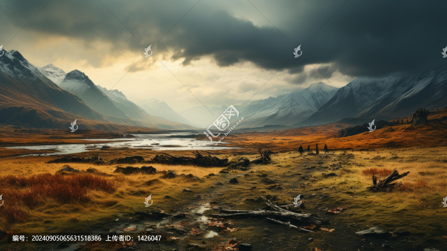 三個人在廣闊的田野上行走遠(yuǎn)處是山脈