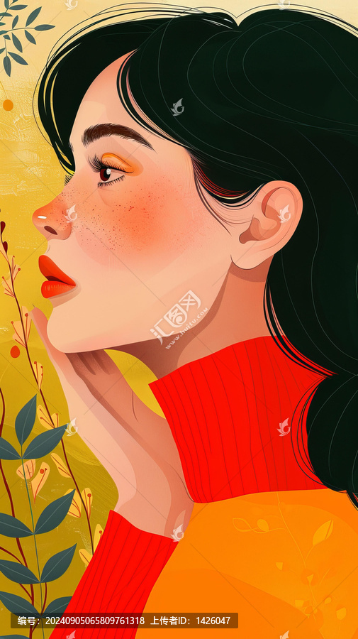一個黑發(fā)紅高領(lǐng)毛衣的年輕女人的插圖