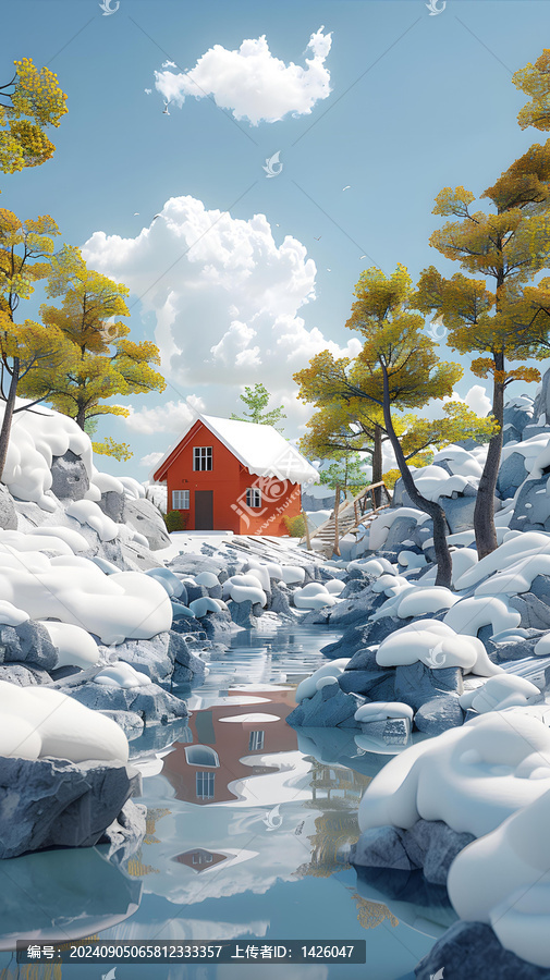 白雪皚皚的山腳下，小屋旁有河靜靜流淌