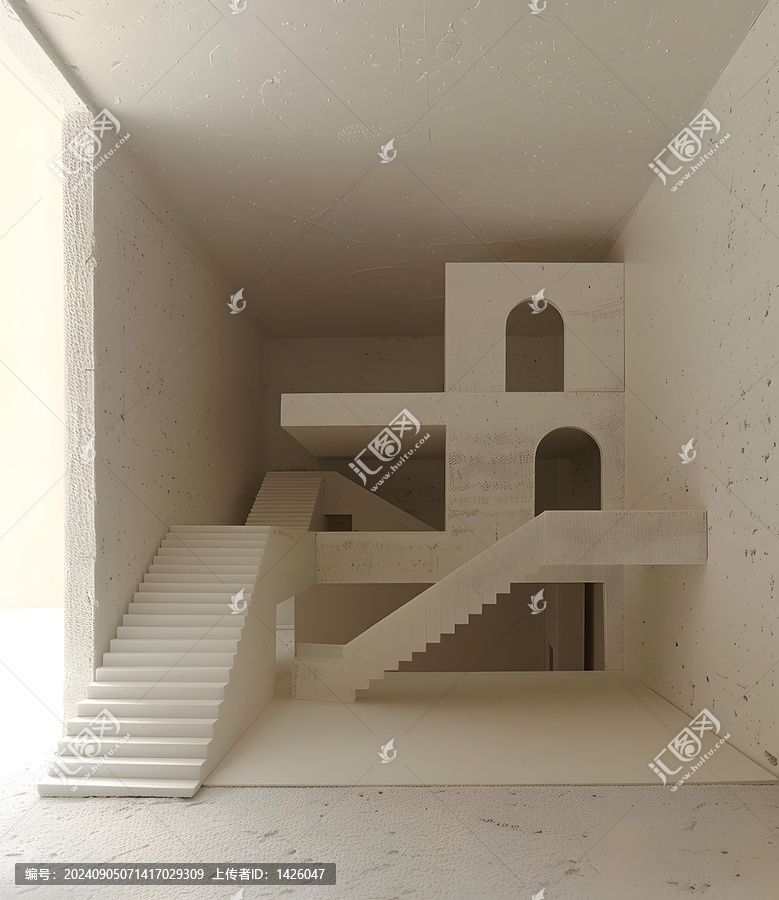 現(xiàn)代建筑樓梯拱形窗戶模型