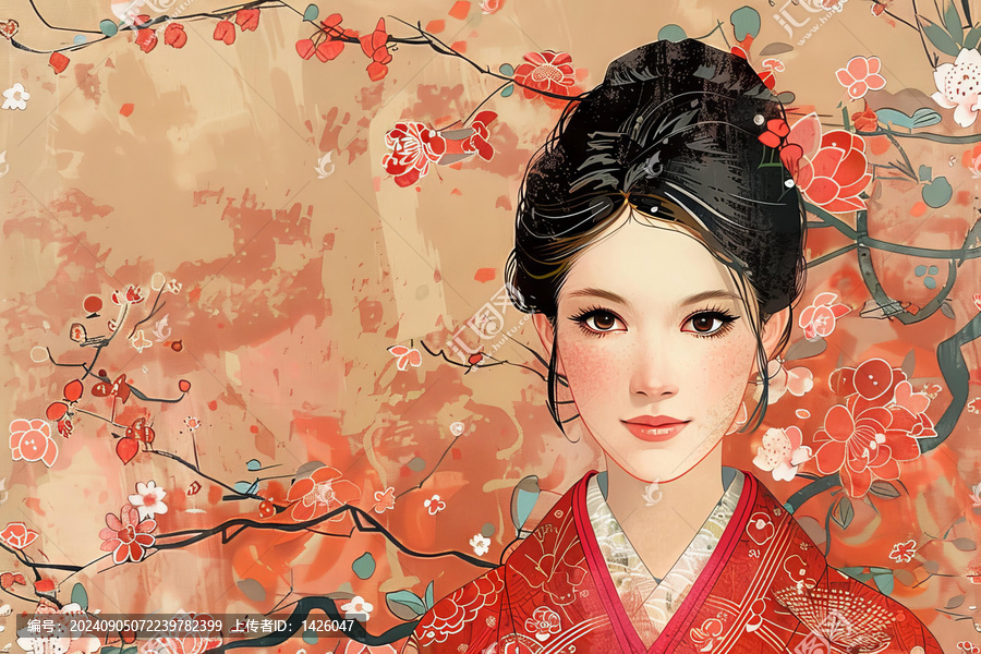 身穿紅色和服的日本藝伎