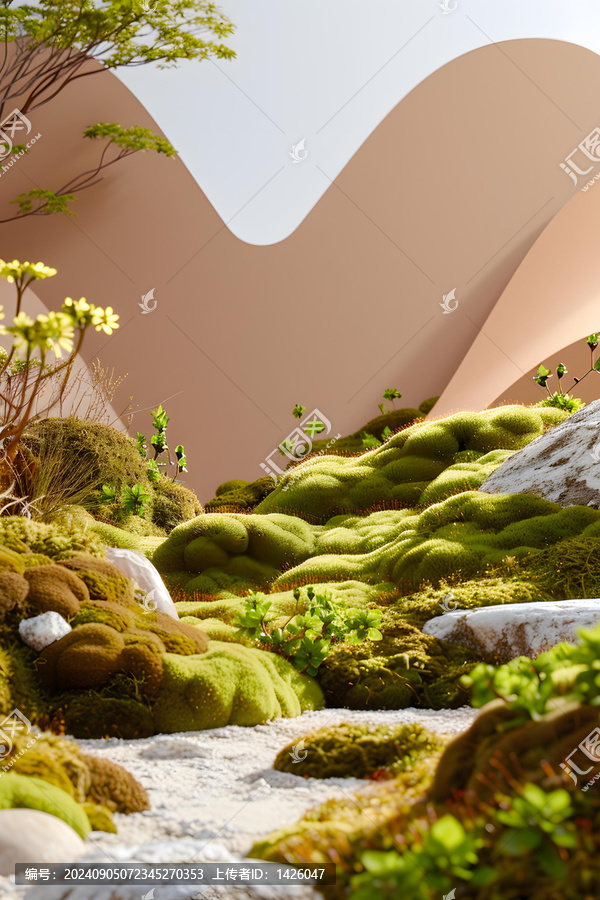 抽象白色墻壁的綠色苔蘚景觀