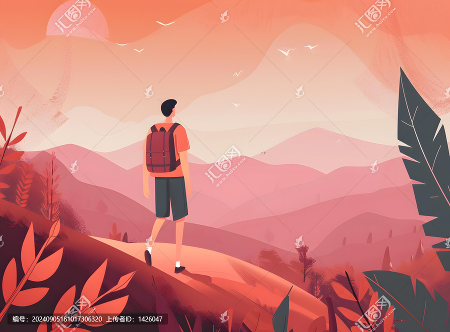 背包男人遠(yuǎn)眺山峰的剪影