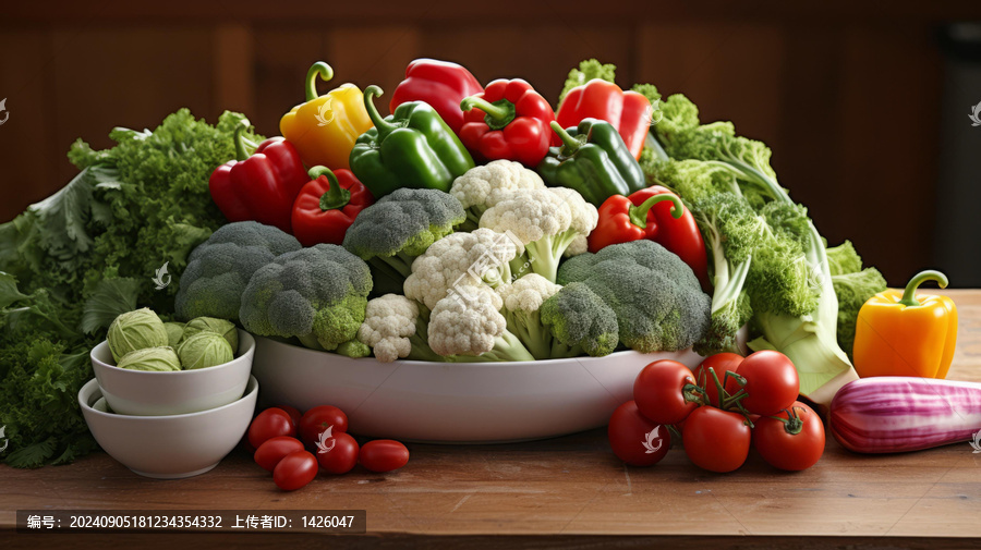 各種新鮮蔬菜被擺放在木質(zhì)餐桌上