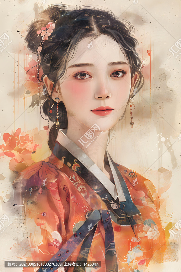 身穿韓國(guó)傳統(tǒng)服飾的年輕女子肖像
