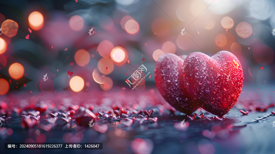 兩顆紅心在深藍(lán)色的背景上，從圖片頂部飄落紅色的心形彩紙屑。