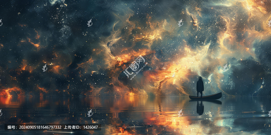 星空夜空獨(dú)自坐在船上的人