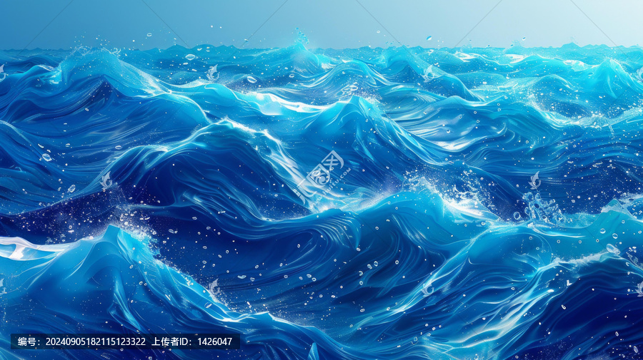深邃的藍(lán)色海洋表面飛濺著水花和氣泡