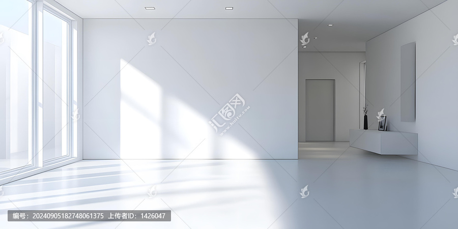 極簡(jiǎn)白色房間室內(nèi)設(shè)計(jì)，大窗戶和陽(yáng)光