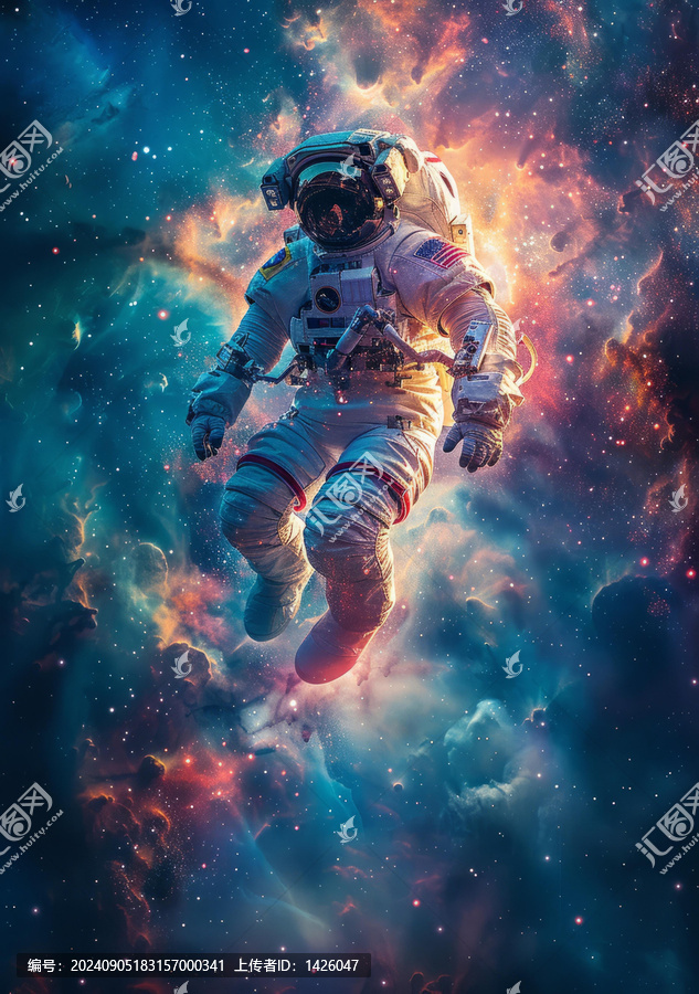 身穿宇航服的宇航員在浩瀚的太空中漂浮