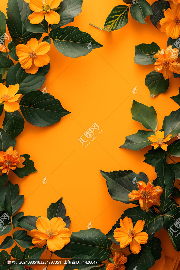 黃色背景上的橙色花朵和綠葉