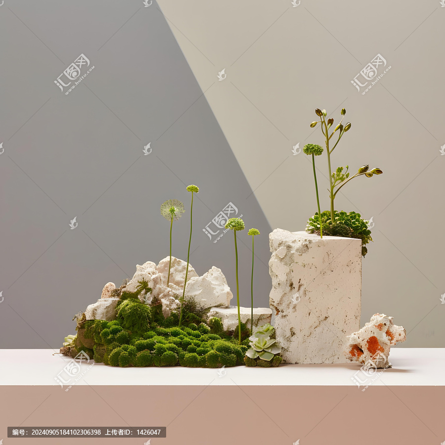 簡(jiǎn)約綠植與白色巖石靜物