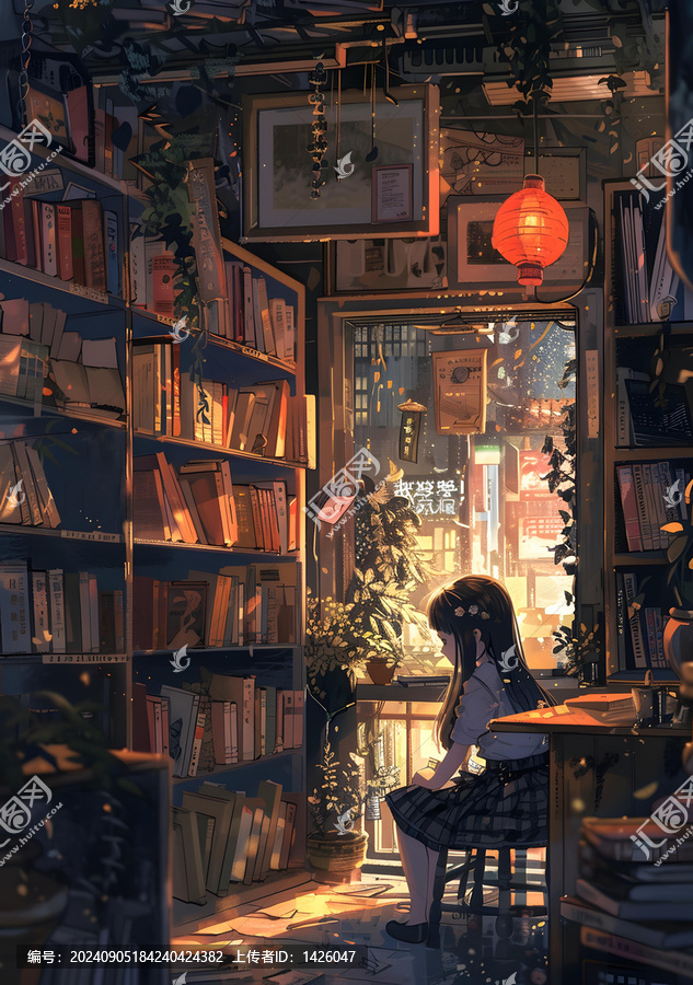 夜晚書(shū)店窗邊看書(shū)的女孩
