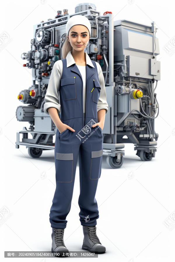 身穿工作服站在機器旁的女性