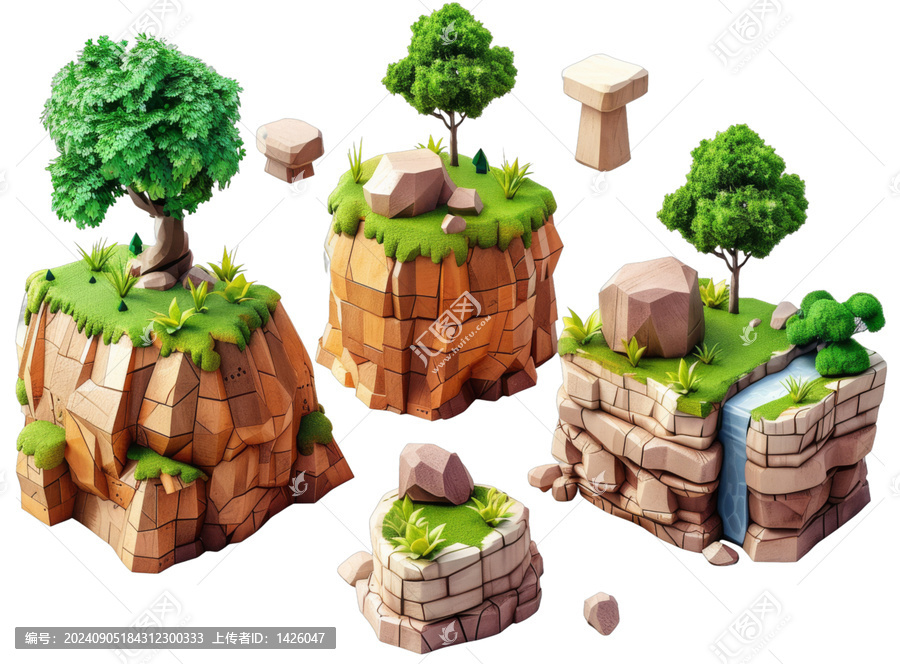 [免摳素材]一套3D渲染的巖石地貌，上面有樹木和草地