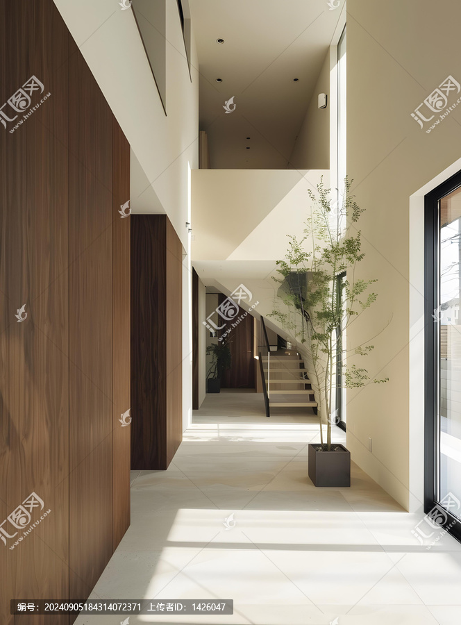 現(xiàn)代簡約住宅室內(nèi)設(shè)計木質(zhì)墻壁和樓梯