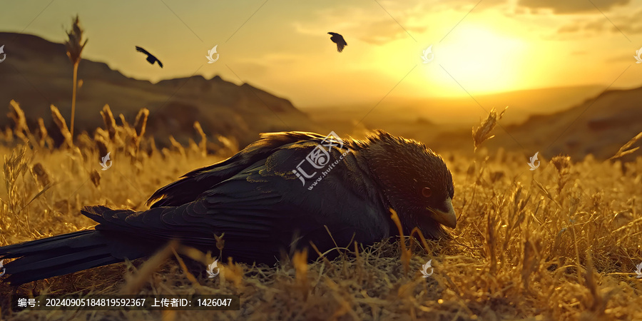 夕陽下草地上休息的鳥