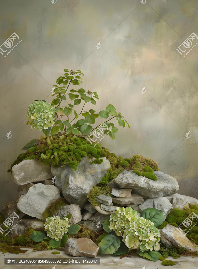 綠色的繡球花和苔蘚在石頭墻的背景上